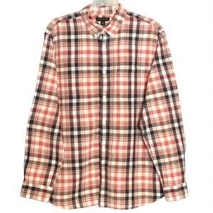 Banana Republic Button Down Shirt XL Orange Blue Plaid Linen Cotton Long Sleeve